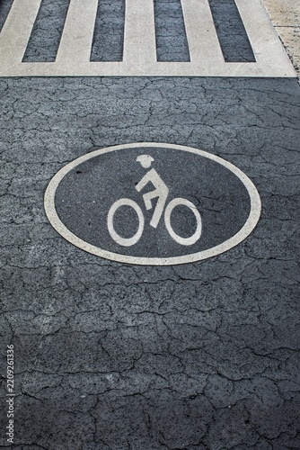 Bicycle lane icon painted inside an oval symbol on cracked dark asphalt pavement near a pedestrian crosswalk