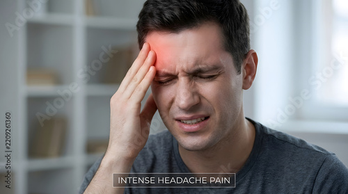 A man clutching his head in agony, with a visible red glow highlighting his intense headache. The text overlay reads INTENSE HEADACHE PAIN