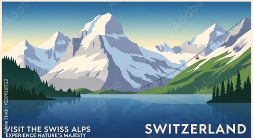 Illustration showcases majestic Swiss mountains reflecting over calm azure lake waters under.