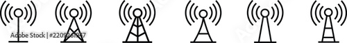 Antenna line icon set. Radio antenna black linear vector isolated on transparent background. Radio tower. Communication towers outline collection. Transmitter receiver wireless signal. Easily editable