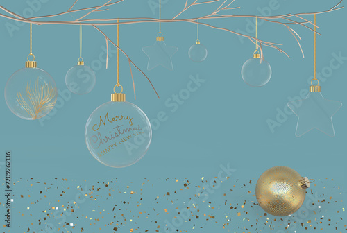 christmas baubles  hanging from christmastree some golden tinsel twig branch isolated 3D Rendering translucent teal background