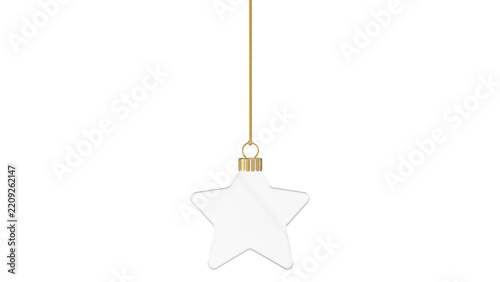 christmas glass star -glossy clear glass and matte golden fixtures hanging from top upright 3D rendering isolated
