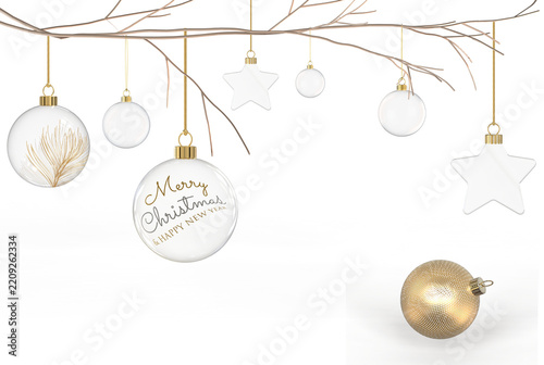 christmas baubles  hanging from christmastree twig branch isolated 3D Rendering