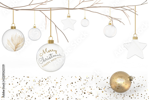 christmas baubles  hanging from christmastree some golden tinsel twig branch isolated 3D Rendering