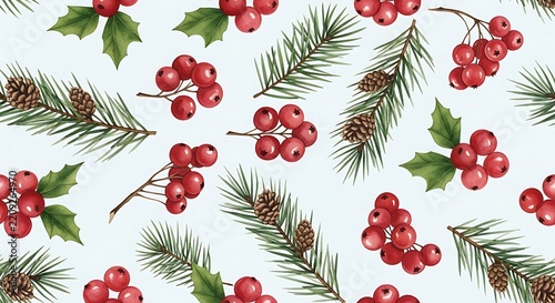 Christmas pattern features red berries and green pine branches on light background.