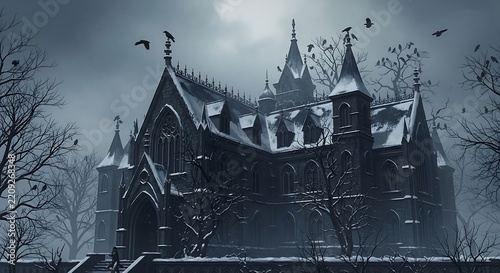 Gothic castle shrouded in winter snow with dark brooding skies and flying crows overhead.