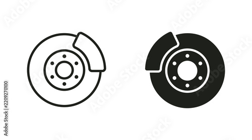 Brake disc icon set featuring automotive stopping system components in flat and linear