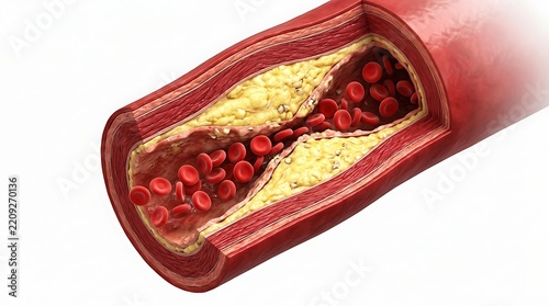 Artery with cholesterol buildup and flowing blood