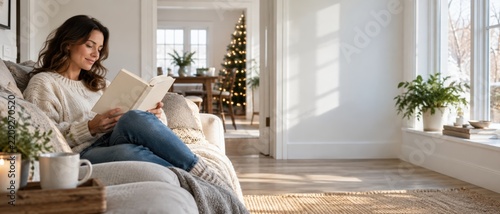 Woman reading cozy home Christmas tree budget planner goals year end 2027 winter interior woman reading book beside Christmas tree while reviewing