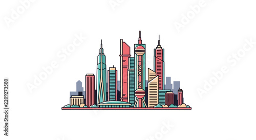 Colorful City Skyline with Skyscrapers.