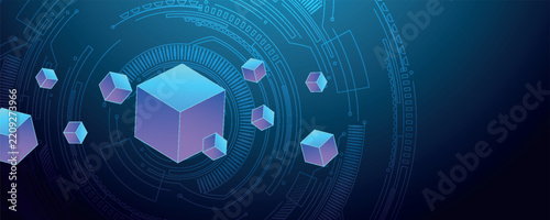 Techno background with glowing 3D cube shaped decorations. Modern design with binary data flow patterns and futuristic circuit lines. Concept of digital systems and technological advancement. VOL. 7