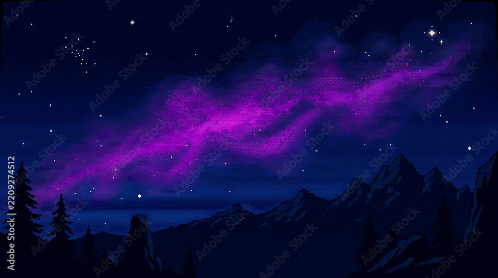 Fototapeta premium Pixel art night sky with purple nebula and forest silhouette