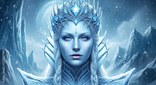 Ice princess portrait showing glowing blue eyes and an intricate crystal tiara against a winter.