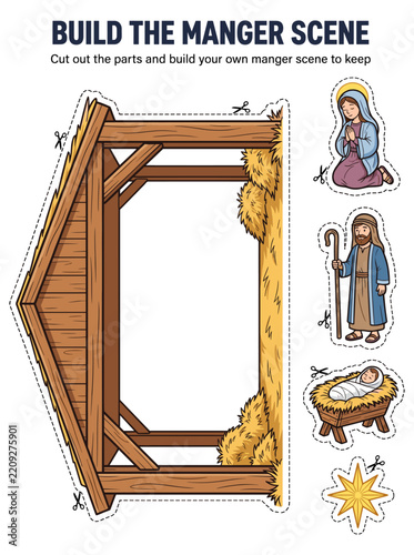 DIY nativity manger scene craft activity for children to cut out and assemble for Christmas