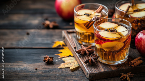 Fresh hot spiced apple cider drink in glass cups with cinnamon stick, star anise, and slice fruit on dark wood table, cozy autumn harvest season mood concept banner background with space for text mess