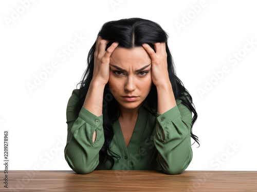 Woman with hands on head looking frustrated at a wooden table