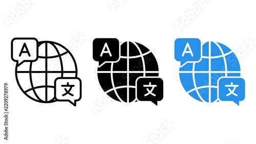 Set of translation icons with globe and speech bubbles containing letter a and chinese character, representing language translation and global communication