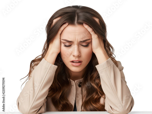 Woman holding her head looking stressed with closed eyes
