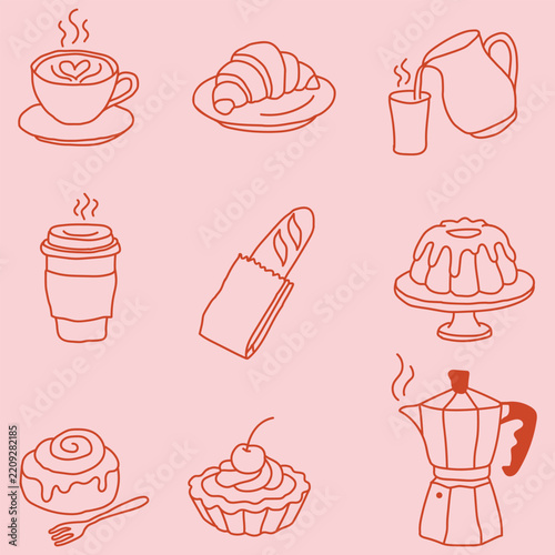 Seamless pattern with handdrawn coffee and bakery items.