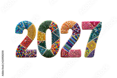 Colorful decorative numbers 2027 with intricate mosaic patterns isolated on a black background for new year design