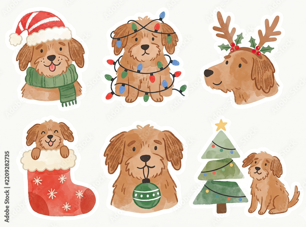 Fototapeta premium Cute Christmas dog stickers. Watercolor puppy set. Festive holiday pet art.