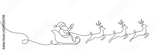 Santa Sleigh and Reindeer One Line Drawing with Editable Stroke.