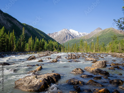 A picturesque summer view of the Altai Mountains and rocks in a raging mountain river. Tourism in Russia. Northern Chuya Range, Altai Republic