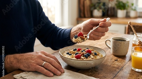 Person eating breakfast with cereal and berries in a cozy kitchen setting