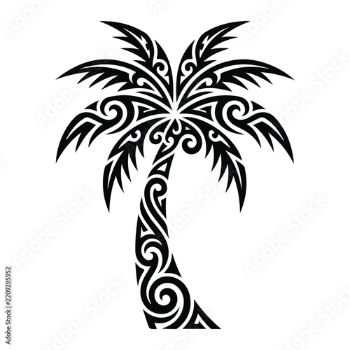 Black tribal palm tree silhouette with Polynesian Maori tattoo ornament