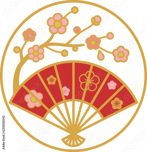 Chinese Folding Fan and Plum Blossom Circular Composition Flat Vector