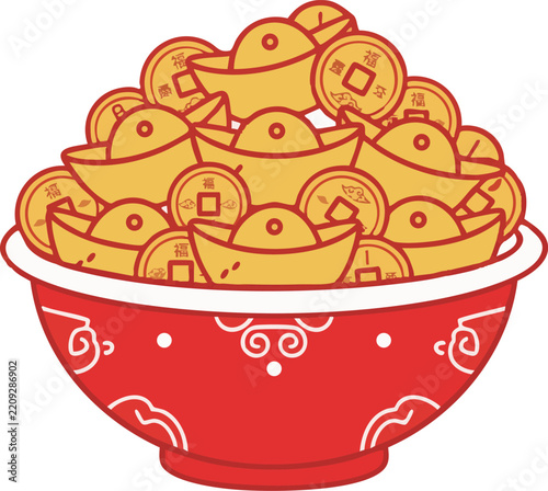 Gold Ingots and Coins in Decorative Bowl Flat Vector Illustration