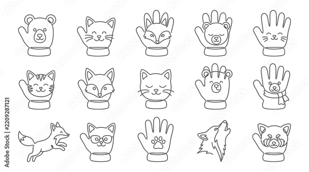 Fototapeta premium Minimalist Outline Vector Set of Cute Animals and Mittens for Children's Design