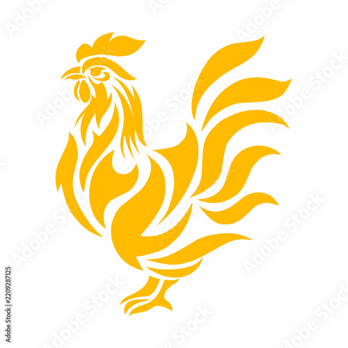 Stylized golden yellow rooster profile silhouette with elegant tribal flame design