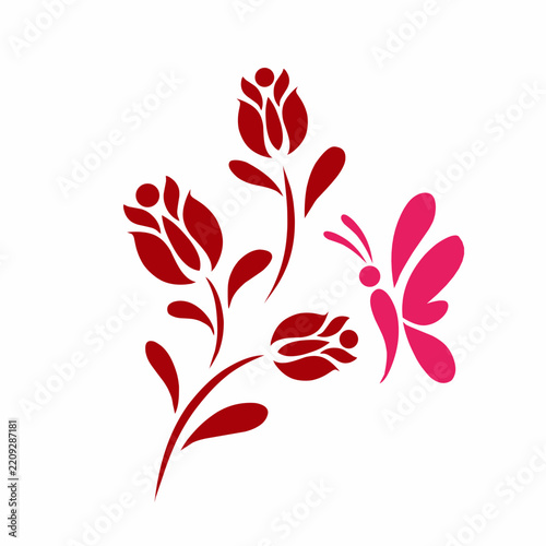 Elegant red floral bouquet with a pink butterfly flying among blooming flower buds