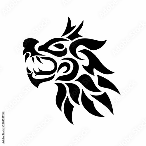 Stylized black tribal dragon head silhouette with sharp flaming mane and aggressive roar