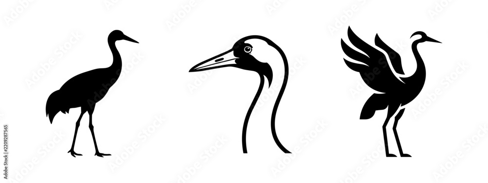 Obraz premium Collection of crane silhouettes including head detail and elegant standing poses