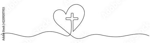 Christian Cross in Heart One Line Drawing with Editable Stroke