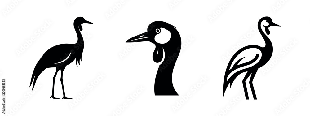 Obraz premium Crane Bird Silhouette Icons Set - Vector Illustrations of Elegant Long-Legged Birds with Head Detail
