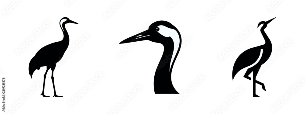 Obraz premium Crane Bird Silhouette Icons Set - Vector Illustrations of Cranes and Detailed Head Profile
