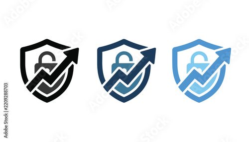 Set of three security shield icons with open padlock and upward rising arrow symbols representing vulnerability or data breach protection concept