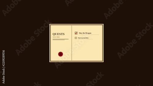 Animated RPG quest log with checkboxes being checked