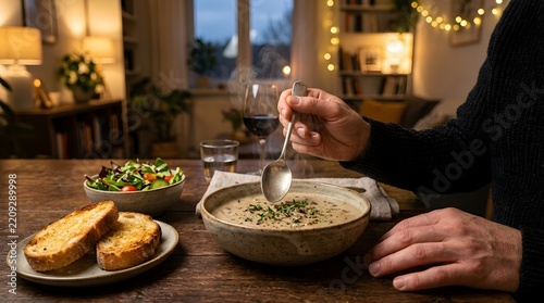 Christmas dinner scene with person enjoying soup in cozy home setting with copy space