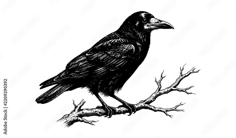 Fototapeta premium Vintage Rook Bird Perched on a Branch Black Ink Vector Art
