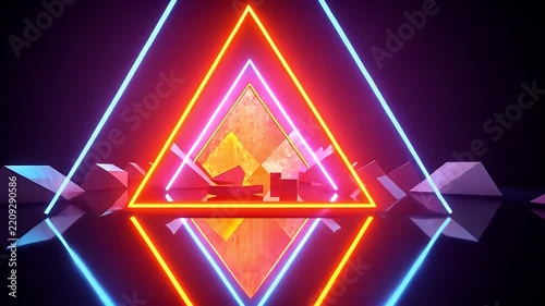 Futuristic motion graphics video of glowing neon triangle portals and geometric shapes. Vibrant synthwave lights reflect on glossy dark floor for stage and music visuals.