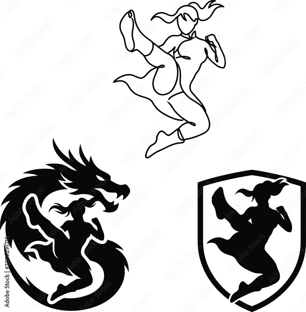 Fototapeta premium Martial arts kick silhouette set with dragon