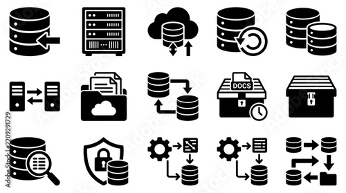 Database Icons Set: Cloud Storage, Server, Security, Backup, Network, Data Flow