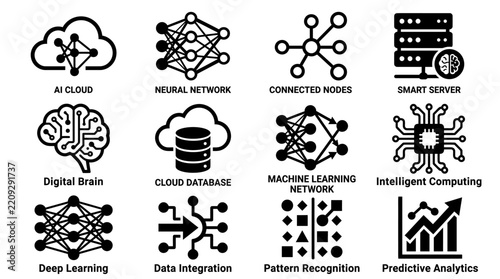 Artificial Intelligence Icons Set: AI Cloud, Neural Network, Digital Brain, Machine Learning, Predictive Analytics, and more