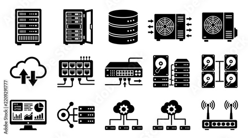 Data Center Technology Icons: Servers, Cloud, Network, Storage, Computer, Router, Cooling