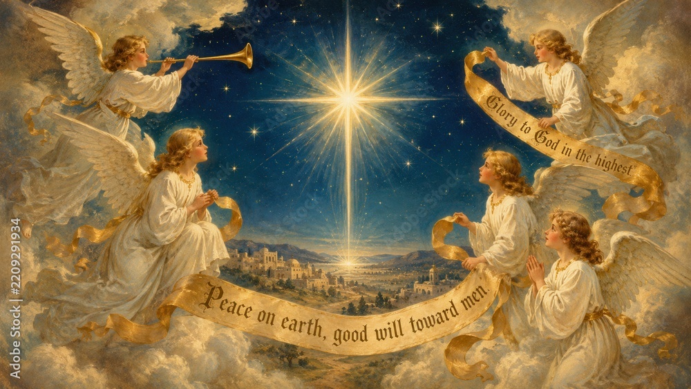 Naklejka premium Heavenly angels praising God around the bright Bethlehem star above the holy city at Christmas