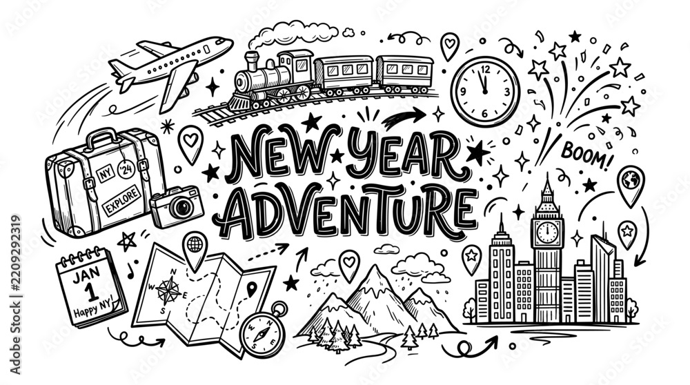 Fototapeta premium New Year Adventure Hand Drawn Doodle Illustration